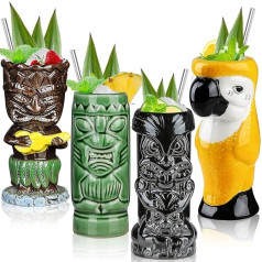 SuproBarware Tiki Glasses for Cocktails, Tiki Mugs, Set of 4, Tropical Ceramic Mugs, Hawaiian Tiki Party, Creative Cocktail Glasses, Drinks, Large Bar Drinkware, Premium Tropical