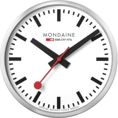 Mondaine - Wall Clock A990.Clock.16SBB 25 cm - Station Clock in Silver Brushed Aluminium with Red Second Hand Dust-Resistant - Made in Switzerland