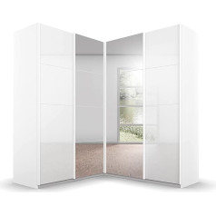 Rauch Möbel Quadra Corner Wardrobe, Sliding Door Cupboard, White, 4 Doors, with Mirror, Includes 2 Clothes Rails and 12 Shelves, 181 x 210 x 187 cm (W x H x D)