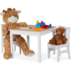 Relaxdays Children's Table with 2 Chairs, Indoor Furniture for Children, 3-Piece Set, Robust Children's Furniture, MDF, White/Natural, Panels, Wood, 48 x 60 x 60 cm