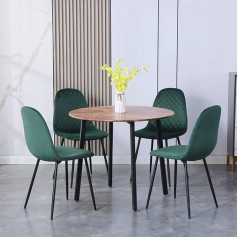 Goldfan Round Dining Table with 4 Chairs, Wooden Table with Metal Table Legs, Round Dining Table and Velvet Dining Table Chairs, Suitable for Dining Room, Living Room, Offices, 90 cm