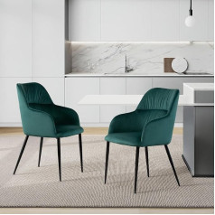 Kirkasa Dining Room Chairs Set of 2 Kitchen Chairs Living Room Chairs Upholstered Chair with Armrests Design Chair Velvet Metal Green