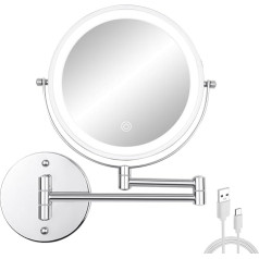 Ffowcye Make-up Mirror with Lighting and Wall Mounting, 1X/10X Magnification Cosmetic Mirror, Dimmable Makeup Mirror with Touch Screen, USB Rechargeable, Shaving Mirror 360° Rotatable for Bathroom and