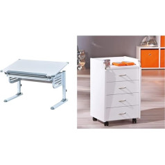 Inter Link Ergonomic Student Desk with Drawer Made of Metal and MDF in White and Grey, 110 x 68 x H 55-78 cm and Rolling Container, Office Container, Rolling Cabinet, White, 40 x 36 x 65 cm