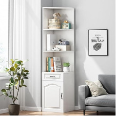 Mosegor Corner Shelf, Bookcase, White, Corner Shelf, Storage Cabinet, 3-Tier Wooden Corner Shelf with Drawer and Cupboard for Home, Living Room, Bedroom, Office, 180 x 30 x 30 cm