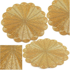 Cleentable Beaded Table Mat, Coffee Table, Bead Mat, Placemats for Dining Table with Beads, Round Beads, Placemats for Dining Table - 33cm Charging Plate - 2 Pack - Jewel Gold