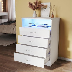 Sunxury White Chest of Drawers 60 cm with Adjustable LED Colour Strip, 4 Drawers with Metal Handles, 1 Open Drawer, High Gloss Furniture Cabinets, for Bedroom and Hallway 60 x 83 x 40 cm