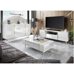 Lukmebel Onyx Living Room Set on Golden Legs, Three Elements, Elegant and Modern Design, Easy to Clean, Abrasion and Scratch-Resistant, Laminated Top, White