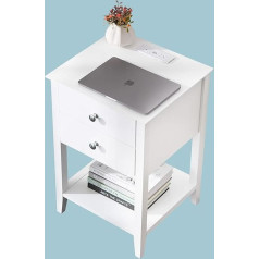 Vanirror Nachttisch mit Ladestation, Nachttisch mit 2 Schubladen und Regalen, 17 x 26 cm Beistelltische Wohnzimmer, weißes hochwertiges Design, Holz-Nachttisch mit 2 m Kabel, Steckdose, USB-Ports und