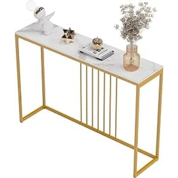 Fativo Console Table Marble Narrow Gold: Entrance Table Scandinavian with Gold Metal Frame, Hallway Table for Bedroom Living Room 120 x 30 x 79 cm White