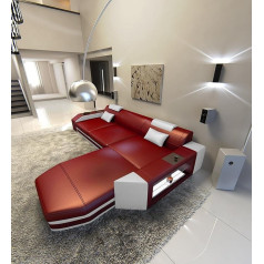 Sofa Dreams Prato Leather Sofa L Shape Sofa with LED Lighting, Adjustable Headrests, Chaise Longue / Choice of Leather Colours / Orientation Selectable (Ottoman Right, Red/White)