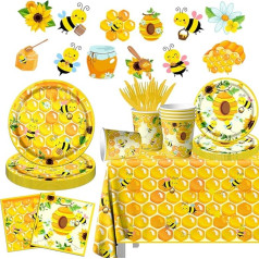 142 Pieces Bee Party Decorations Tableware Bumble Bee Theme Party Supplies Happy Honey Bee Disposable Banner Table Cloth Plates Napkins Cups Gender Reveal Baby Shower