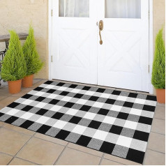 Aoczes Buffalo Plaid Rug 90 x 150 cm Cotton Woven Buffalo Check Rug Black and White Checked Outdoor Rug Washable Indoor Outdoor Area Rug Mats Rug for Living Room Bedroom