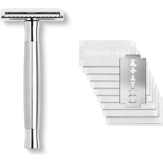 Störtebekker® Solingen Premium Safety Razor with Steel Handle Matte Silver – Includes Shaving Guide [10 Störtebekker Blades] – Gift Idea – Wet Razor Set Premium Quality Stainless Steel – Made in