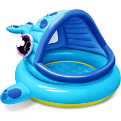 Paddling Pool for Children, Inflatable with Sun Protection, Whale, Baby Pool with Roof (1.42 m x 1.37 m x 0.71 m) for Summer Blow Up Pool, Swimming Party Toy