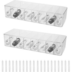 PZJFH Cable Storage Box, Pack of 2 Cable Organiser Box with Lid, 8 Compartments, Transparent Charging Cable Organiser with 20 Cable Ties, Cable Organiser Box for Desk Storage