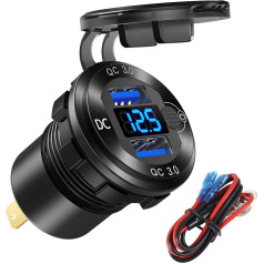 12V/24V USB Socket Quick Charge 3.0 Dual USB Car Charging Socket with Blue Voltmeter, Waterproof Aluminium Cigarette Lighter USB Charger DIY Kit for Car, Marine, Motorcycle, Motorhome, Boat, etc.