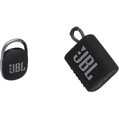 JBL Clip 4 Bluetooth Speaker in Black - Waterproof Portable Music Box with Practical Carabiner & GO 3 Small Bluetooth Box in Black - Waterproof, Portable Speaker for Travel