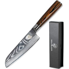 Wolfblood Santoku Kitchen Knife (24 cm), Damascus Knife - 67 Layers Damascus Steel - With Real Wood Handle - Professional Knife with Gift Box - Utility Knife - Chef's Knife - Office Knife