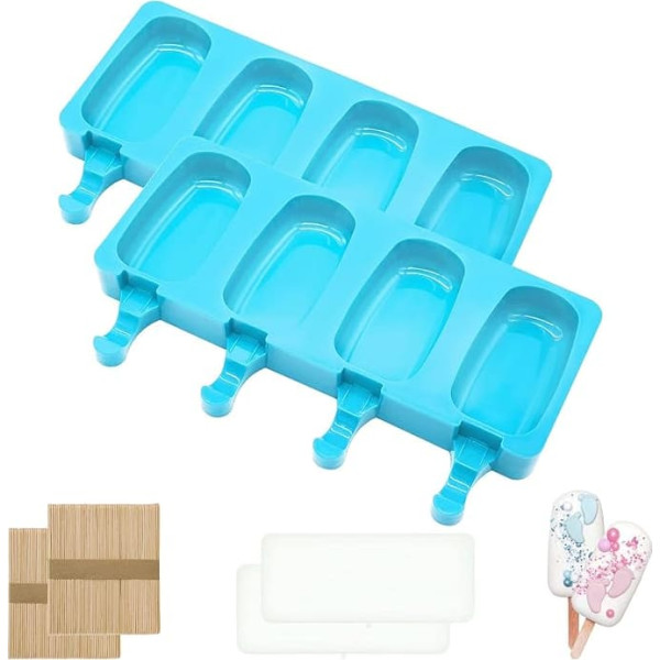 MARUKO Ice Lolly Moulds, Cakesicles Silicone Mould, Cake Pop Sticks, Cake Pop Stand, Ice Moulds Silicone, Ice Lolly Moulds with 100 Wooden Ice Sticks and Silicone Lid (Blue)
