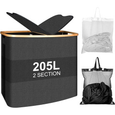 LEVIPE 205 L Laundry Basket with Lid and Two Removable Laundry Bags, Foldable Bamboo Laundry Sorter, Laundry Bin, 2 Compartments, Laundry Box with Laundry Bag, Black