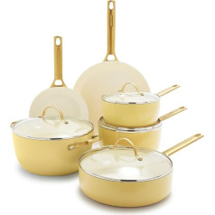 GreenPan Reserve Hard Anodised Healthy Ceramic Non-Stick Cookware Set, 10 Pieces, Includes Frying Pans Saute Pan and Cooking Pot, Gold Handle, PFAS-Free, Induction, Oven-Safe, Sunshine Yellow