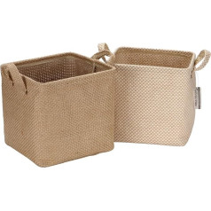 Sea Team Set of 2 Storage Baskets, Organiser Box Bins Made of Jute and Cotton Linen, Foldable Decorative Baskets with Handle for Toiletries, Stationery, Small Items, Toys and Jewellery, Colour: Beige, 26 x 26 x 26 cm / 10.2 x 10.2 x 10.2 inches.
