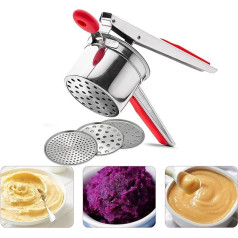 Potato Press, Spaetzle Press Stainless Steel with 3 Interchangeable Discs and Non-Slip Silicone Handle, Dishwasher Safe Potato Press for Mashed Potatoes Baby Food Juicing Lemon Squeezing