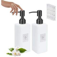 Set of 2 350 ml Soap Dispenser, Matte White, Glass Shampoo Bottles, Bathroom Set with 20 Labels, Lotion Shower Gel Dispenser, Washing Up Liquid Dispenser with Stainless Steel Pump, Refillable Pump