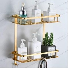 Shower Shelf without Drilling, Square Shower Shelf, Bathroom Shelf for Shampoo and Shower Gel Holder, Bathroom Wall Shelf Organiser with 2 Hooks (2 Layers, Champagne Gold)