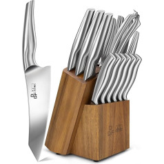 DDF iohEF Knife Block Set, 16-Piece Unibody Silver Knife Set with Wooden Block, Japanese Stainless Steel Kitchen Knife Set, Professional Chef's Knife Set
