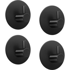 LJLink Pack of 4 Towel Holder Self-Adhesive Hooks Round Black Hooks Bathroom Stainless Steel Hooks Kitchen Coat Towel Key Wall Hooks