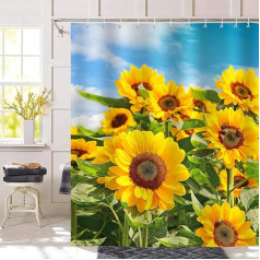 Bonhause Shower Curtain 180 x 180 cm Sunflower Yellow with Blue Sky Shower Curtains Anti-Mould Waterproof Polyester Fabric Washable Bathroom Curtain for Bathroom with 12 Shower Curtain Rings