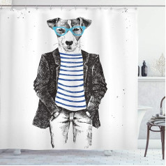 ABAKUHAUS Quirky Shower Curtain, Jack Russell Dog Glasses, Digitally Printed on Fabric, Includes 12 Water Hooks, 175 x 200 cm, Black/White/Blue