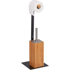 Relaxdays Toilet Brush & Toilet Roll Holder, Bamboo & Metal, Toilet Set, 60 x 20 x 20 cm, Natural/Black, Pack of 1