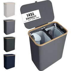 NOSTHEART 145 L Laundry Basket with Lid, 2 Compartments Laundry Hamper with Side Handles Made of Bamboo for Clothes, Toy Storage, Foldable Laundry Bag Laundry Basket for the Family, XXL, Light Grey