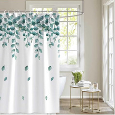 CINGHIA Shower Curtain Leaves, Shower Curtain Plants, Shower Curtain Eucalyptus with Shower Curtain Rings, Shower Curtain 180 x 200 cm, Washable Shower Curtain, Green, Shower Curtain for Bathtub