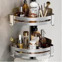 Nchdewui Corner Shower Shelf 2 Pieces Shelf for Bathroom No Drilling Aluminum Storage Basket 2 Hooks for Bathroom and Kitchen Storage (Silver)