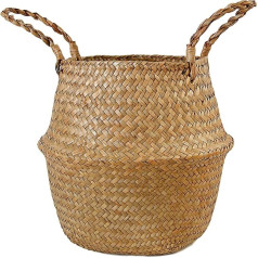 FEILANDUO Seagrass Belly Basket, Woven Plant Pot with Handle, Natural, Foldable Laundry Basket, Toy Storage Baskets for Shelves (Natural, Widest Point, 22 x 20 cm)