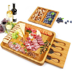 Bamboo Cheese Board with Cutlery Cheese Board with 2 Hidden Drawers and 4 Cheese Knives Set Cheese Plates Cheese Tools Serving Utensils Cheese Boards Large Thick Wooden Server