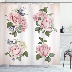 ABAKUHAUS Rose Shower Curtain, Spring Bouquets Natural, Fabric Fabric Bathroom Decoration Set with Hooks, 175 x 200 cm, Pale Pink Reseda Green