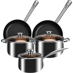 ONATISMAGIN Frying Pan Set, 5 Pieces, PFOA and BPA Free, Including 24/28 cm Frying Pan, 16 cm Milk Pan with Handle and 20/24 cm Stockpot with Lid