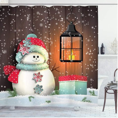 ABAKUHAUS Christmas Shower Curtain, Garden with Gift Box, Fabric Fabric Bathroom Decoration Set with Hooks, 175 x 180 cm, Brown White