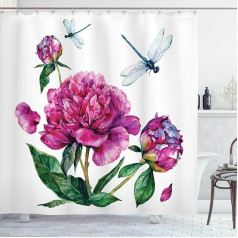 ABAKUHAUS Flower Shower Curtain Peonies and Dragonflies Fabric Fabric Bathroom Decoration Set with Hooks, 175 x 200 cm, Multicolor