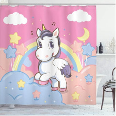 ABAKUHAUS Unicorn Shower Curtain, Rainbow Music Notes Fabric Fabric Bathroom Decoration Set with Hooks, 175 x 240 cm, Yellow and Pink