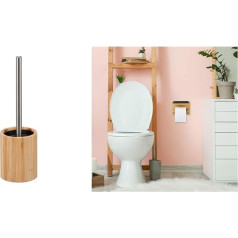 Relaxdays Silicone Toilet Brush, Antibacterial, Toilet Brush with Replacement Brush Head, Bamboo Brush Holder, Natural/Silver, 1 Piece & Toilet Roll Holder with Shelf, Bamboo, H x W x D x 16 x 10.3 cm, Natural