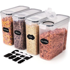 BELLE VOUS Pack of 4 Plastic Storage Jars with Lids, Labels & Markers - 4 L Storage Jars with Lid, Airtight, Reusable & BPA Free for Flour, Sugar & Cereal Storage - Storage Container