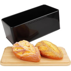 YOUNTHYE Bread Bin with Chopping Board, Black Bread Bin 33 x 18 x 13 cm, Bread Basket, Black Bread Box with Wooden Lid, Bread Bin, Small Bread Bin, Stainless Steel Bread Container for Bre