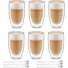 wellmall-hula Latte Macchiato Glasses Double-Walled 450 ml Pack of 6 with 6 Spoons Double-Walled Coffee Glasses Cappuccino Cups Espresso Cups Thermal Tea Ice Ice Tea Iced Americano Milk Juice Beer