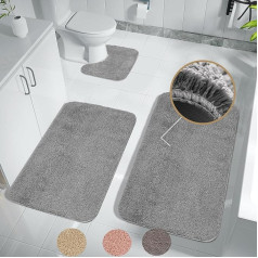 Achiiso Bath Mat Set of 3, Non-Slip Bathroom Toilet Mat, Super Absorbent Microfibre Bathroom Bath Mat, Machine Washable Bath Mat (Grey, U40 x 50 + 50 x 60 + 50 x 80 cm)